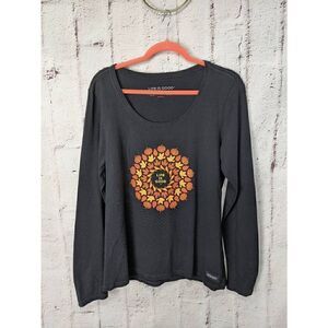 Life Is Good Womens Black Round Neck‎ Long Sleeve Pumpkin Wreath Graphic Crusher